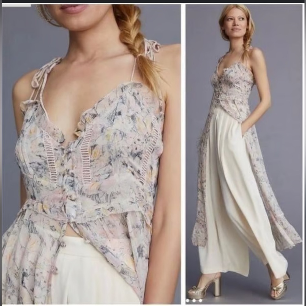Anthropologie Womens Floral Sheer Chiffon Open Front Fairy Maxi Dress Tunic